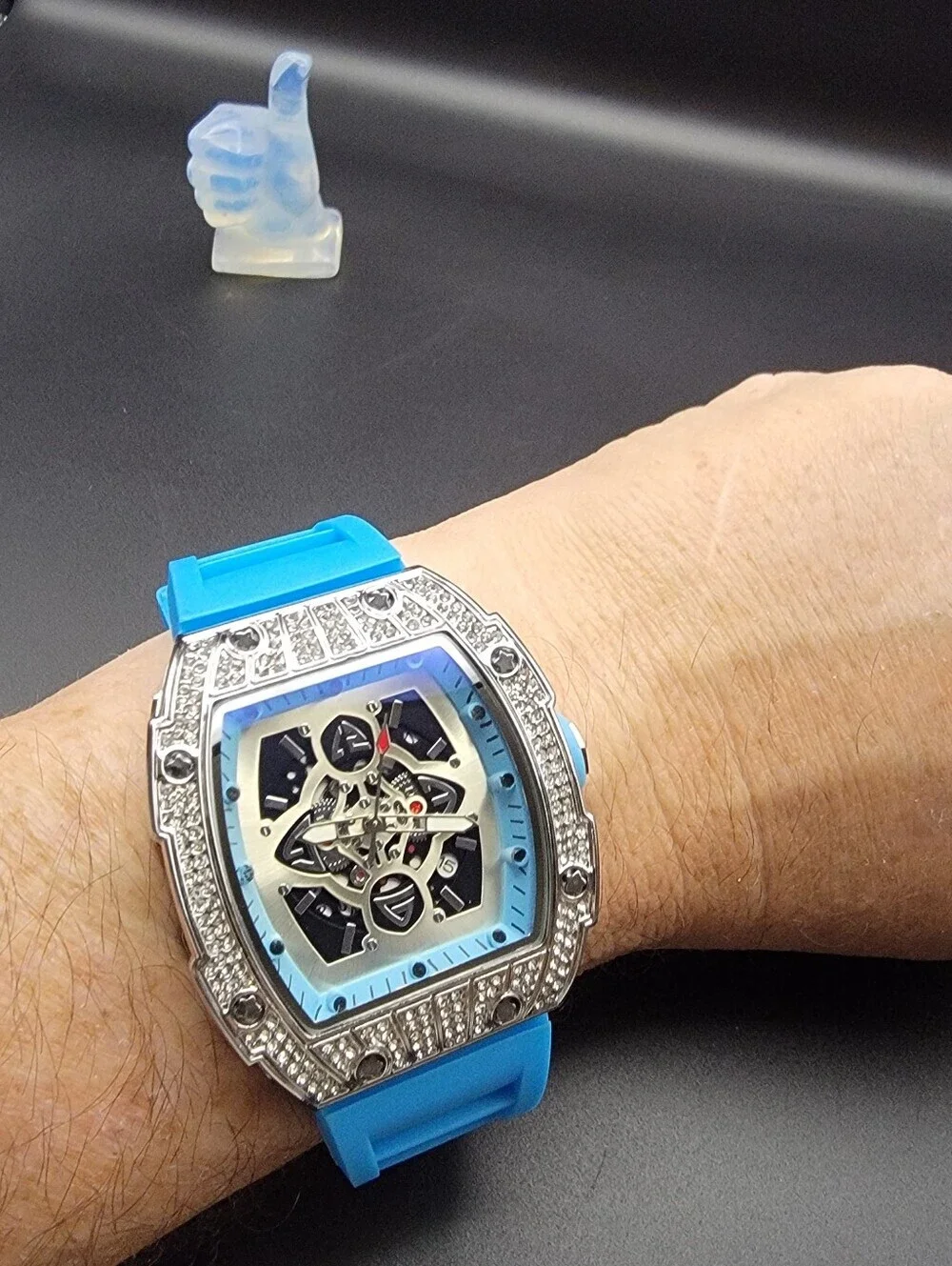 NWT Mens AJ Brand Blue Skeleton Diamond Style 41.5mm Watch Silicone Band w/Date